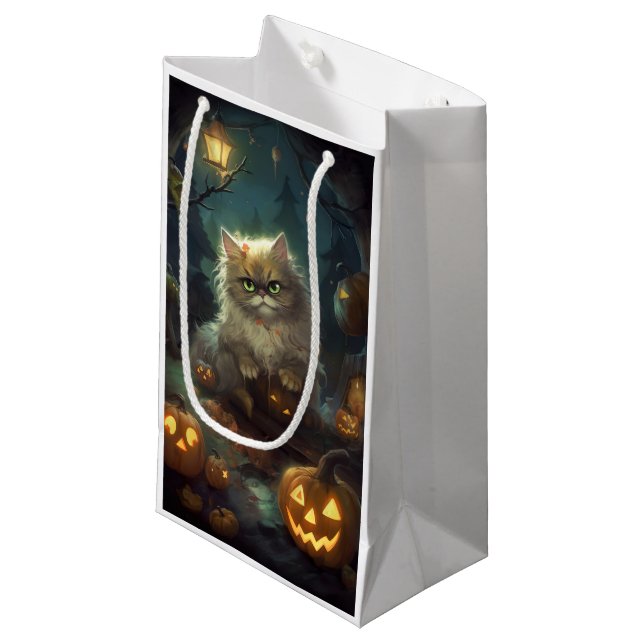 Halloween Persische Katze mit Kürbiskugeln Beängst Kleine Geschenktüte (Vorderseite Schrägansicht)