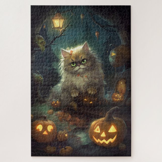 Halloween Persische Katze mit Kürbiskugeln Beängst Puzzle (Vertikal)