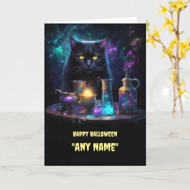 Halloween Personalisiert Name Black Cat and Posts Karte (Gelbe Blume)
