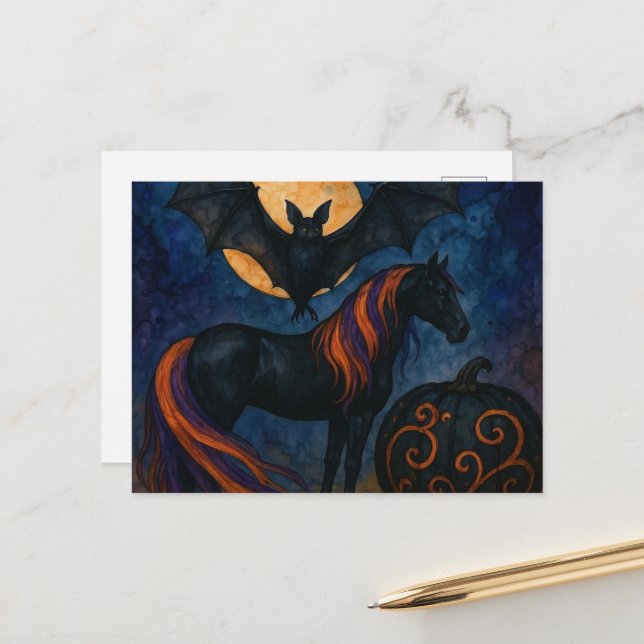 Halloween Pferd und Bat mit Kürbis Postkarte (Vorderseite/Rückseite Beispiel)