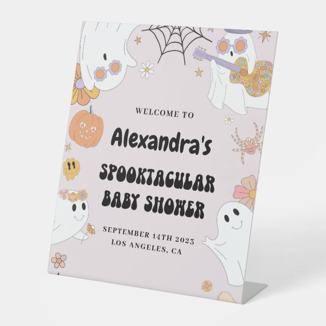 Halloween Pink Baby Dusche Willkommensschild Sockelschild (Vorderseite)