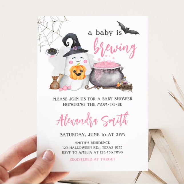 Halloween Pink Baby ist eine Baby-Dusche Einladung (Pink Ghost A Baby is Brewing Baby Shower Invitation)