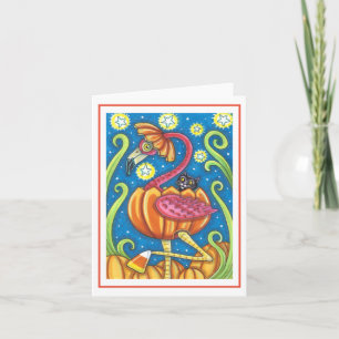 HALLOWEEN PINK FLAMINGO BLACK CAT IN PUMPKIN Blank Karte
