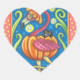HALLOWEEN PINK FLAMINGO & SCHWARZE KATZE IN PUMPKI Herz-Aufkleber