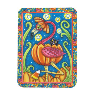 HALLOWEEN PINK FLAMINGO & SCHWARZE KATZE IN PUMPKI MAGNET