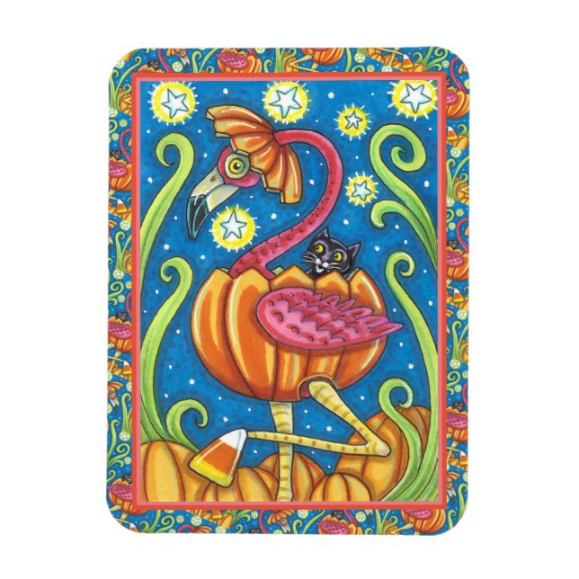 HALLOWEEN PINK FLAMINGO & SCHWARZE KATZE IN PUMPKI MAGNET (Vertikal)