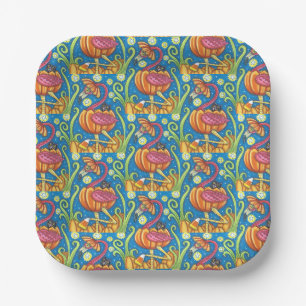 HALLOWEEN PINK FLAMINGO & SCHWARZE KATZE IN PUMPKI PAPPTELLER