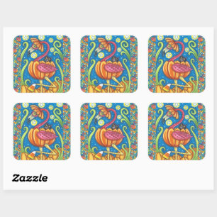 HALLOWEEN PINK FLAMINGO & SCHWARZE KATZE IN PUMPKI QUADRATISCHER AUFKLEBER