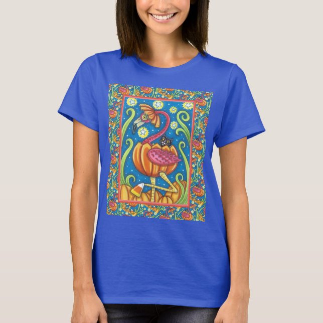 HALLOWEEN PINK FLAMINGO & SCHWARZE KATZE IN PUMPKI T-Shirt (Vorderseite)