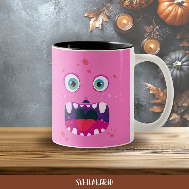 Halloween Pink Happy Monster Coffee Mug Zweifarbige Tasse (Frontal view)