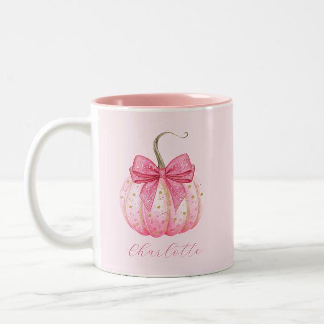 Halloween Pink Pumpkin Bow Personalisiert Bridesma Zweifarbige Tasse (Links)