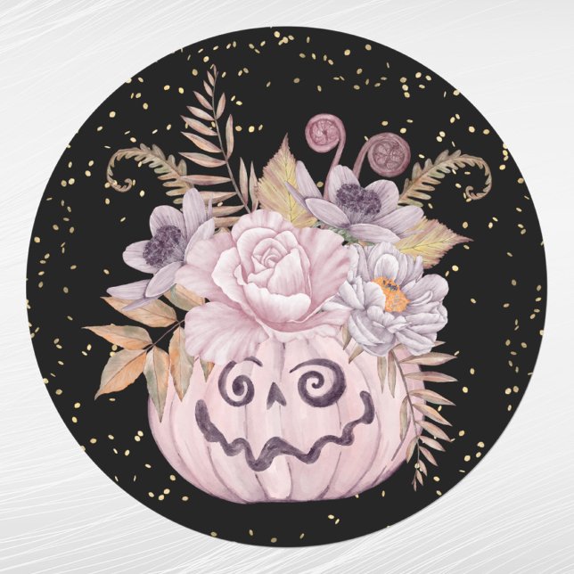 Halloween Pink Pumpkin Floral Runder Aufkleber (Von Creator hochgeladen)