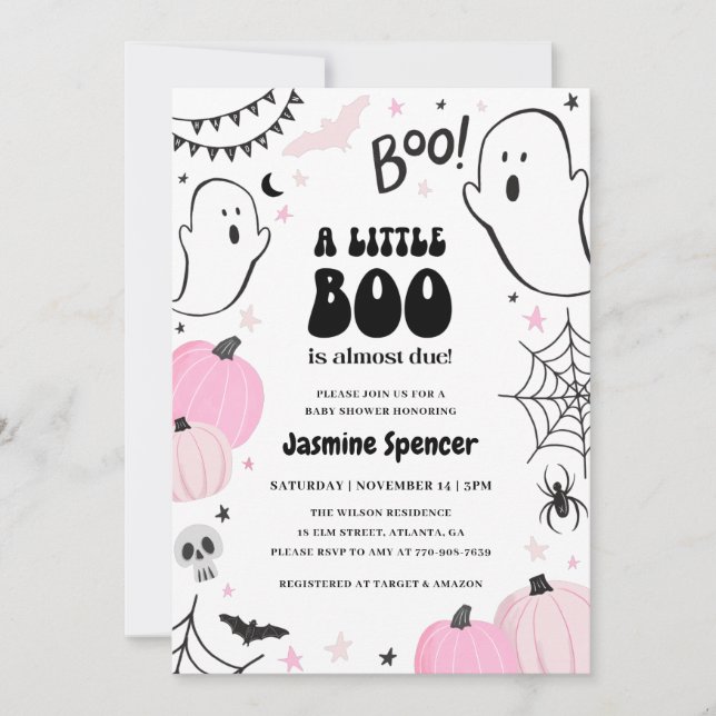 Halloween Pink Pumpkin Little Boo Baby Dusche Einladung (Vorderseite)