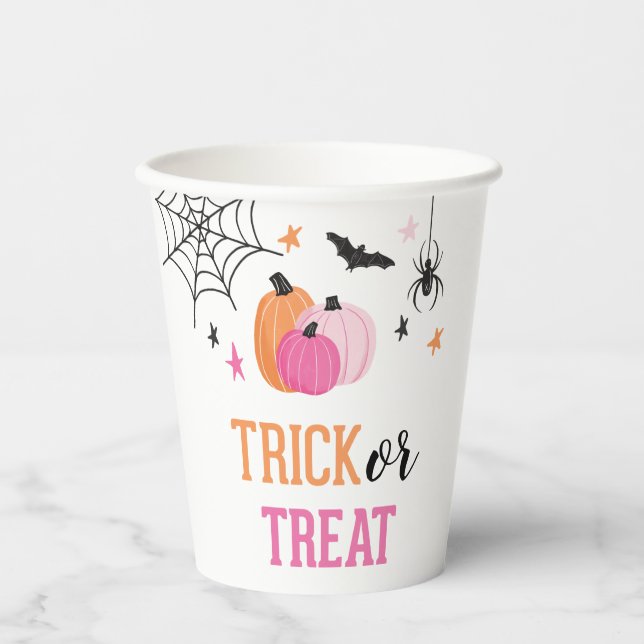 Halloween Pink Trick oder Treat Pumpkins Spiegelle Pappbecher (Vorderseite)