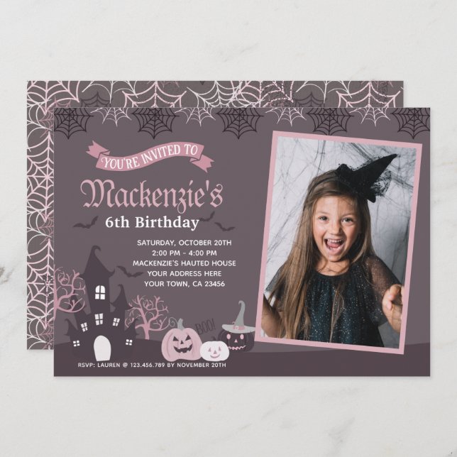 Halloween Pink und Schwarz Einladung mit Foto (Vorne/Hinten)