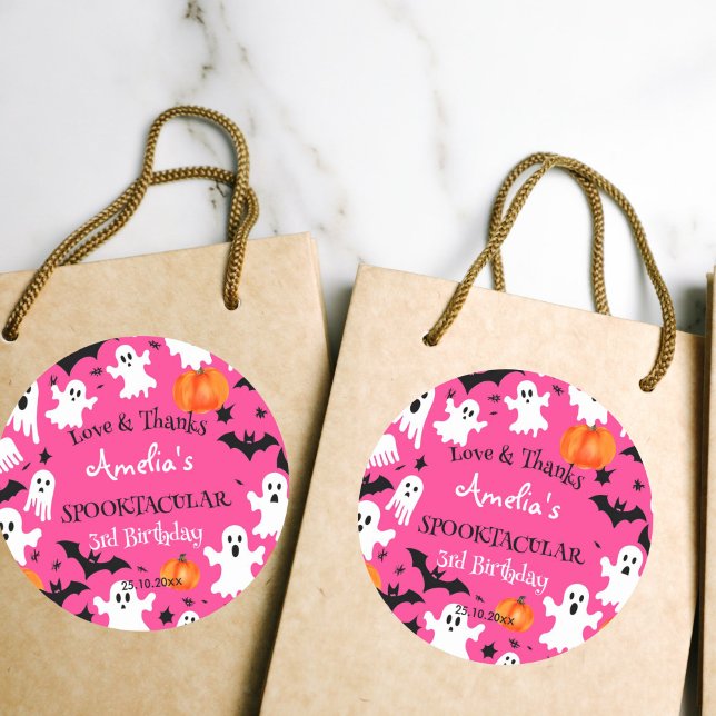 Halloween pinkfarbene Sporenparty Runder Aufkleber (Halloween pink favor gift thank you stickers cute ghosts bats pumpkins girls Halloween birthday pink)