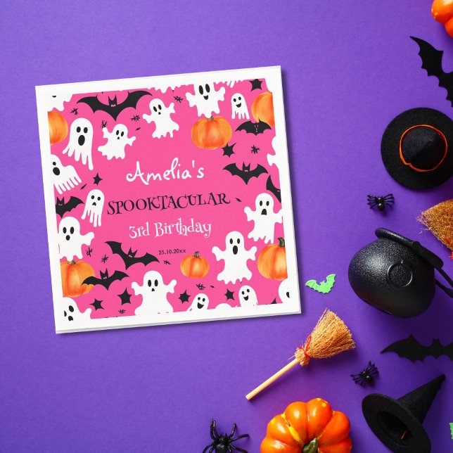Halloween pinkfarbene Sporenparty Serviette (Pink Halloween party tableware personalized napkins birthday napkins cute ghosts bats pumpkins pink)