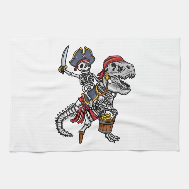 Halloween-Pirat-Dinosaur-Skelett Geschirrtuch (Horizontal)