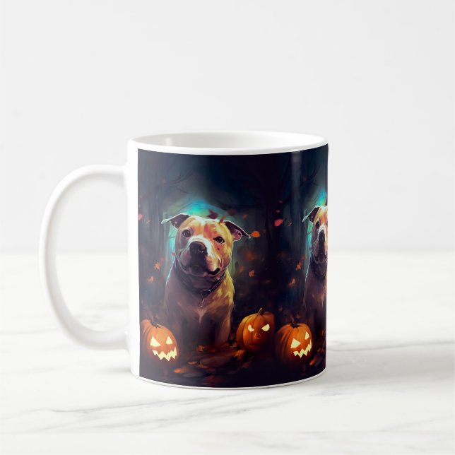 Halloween Pitbull mit Pumpkins Beängstigend Kaffeetasse (Links)