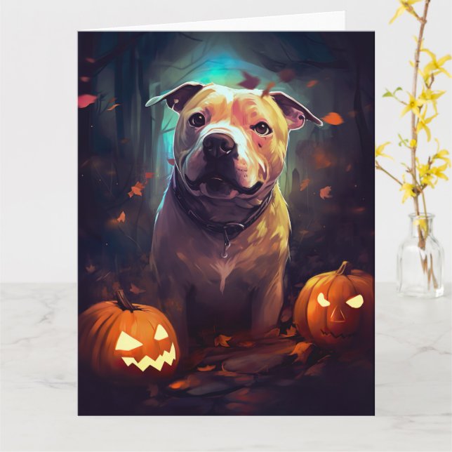 Halloween Pitbull mit Pumpkins Beängstigend Karte (Gelbe Blume)