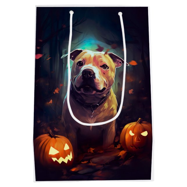 Halloween Pitbull mit Pumpkins Beängstigend Mittlere Geschenktüte (Rückseite)