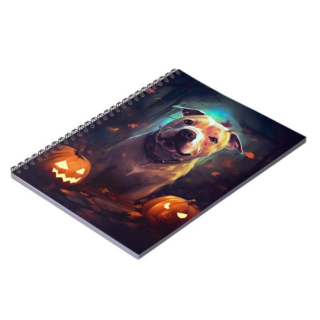 Halloween Pitbull mit Pumpkins Beängstigend Notizblock (Linke Seite)
