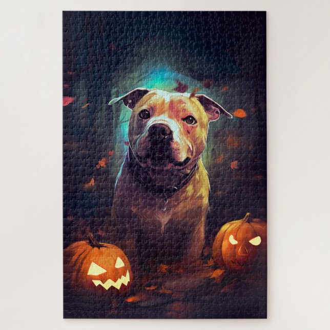 Halloween Pitbull mit Pumpkins Beängstigend Puzzle (Vertikal)