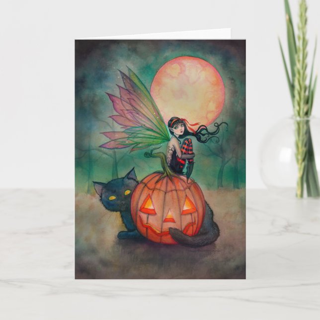 Halloween Pixie Fairy und Black Cat Fantasy Art Karte (Vorderseite)
