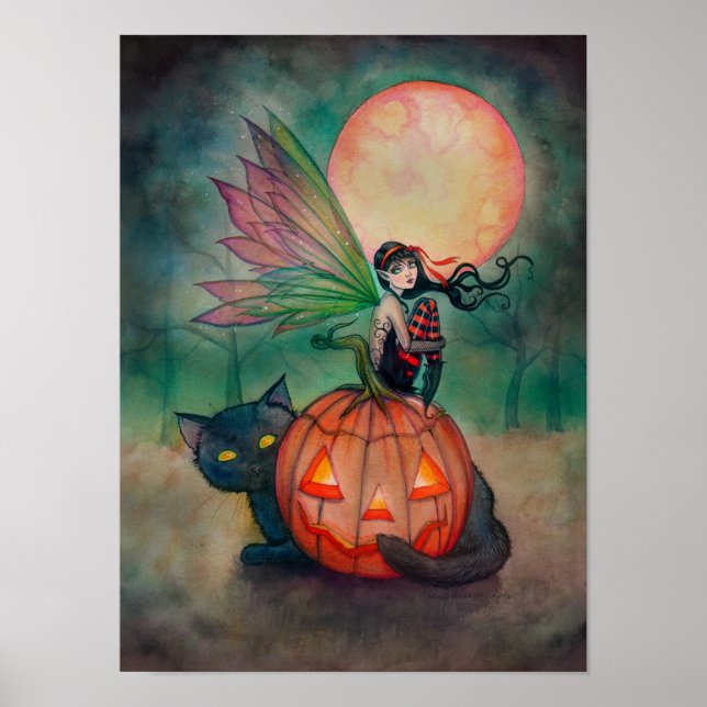 Halloween Pixie Fairy und Black Cat Fantasy Art Poster (Vorne)