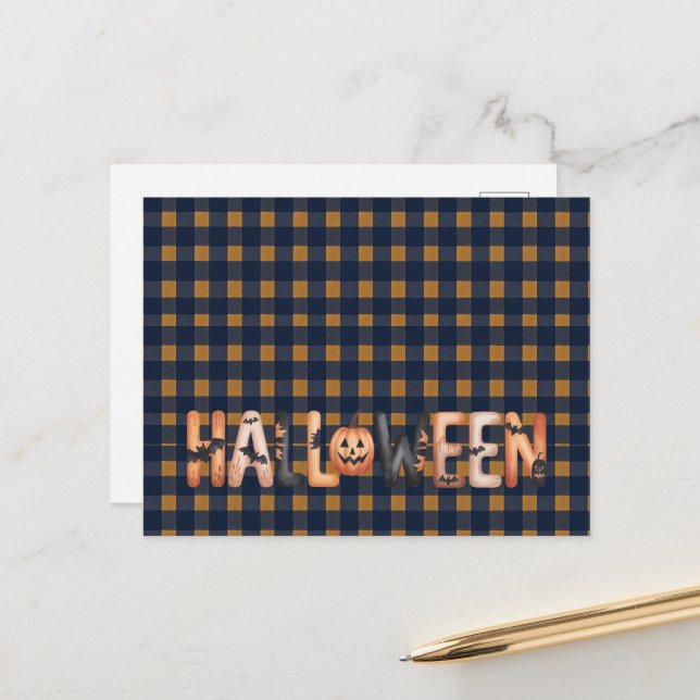 Halloween Plaid Pumpkin Feiertagspostkarte (Vorderseite/Rückseite Beispiel)