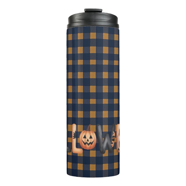 Halloween Plaid Pumpkin Typography Thermosbecher (Vorderseite)