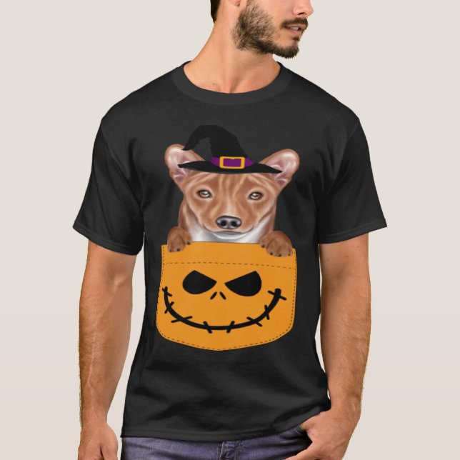 Halloween Pocket Basenji Scary Jack O Lantern T-Shirt (Vorderseite)