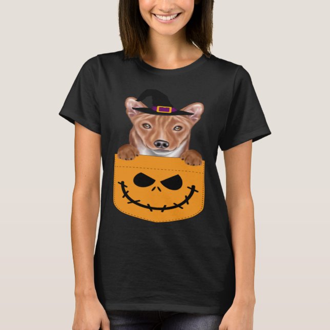 Halloween Pocket Basenji Scary Jack O Lantern T-Shirt (Vorderseite)