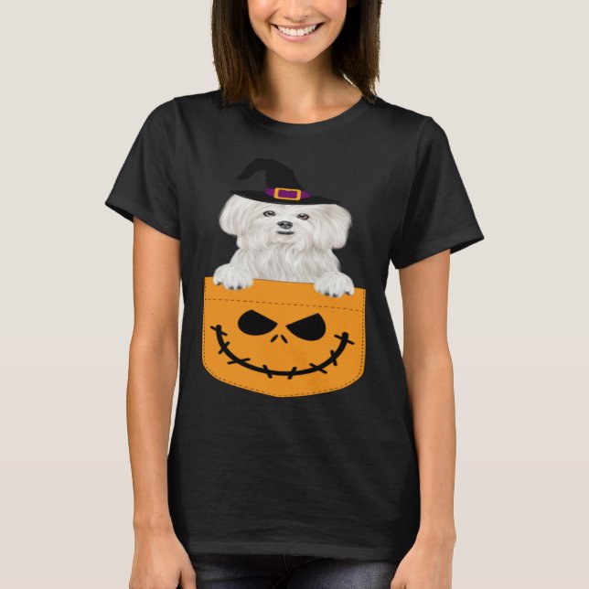 Halloween Pocket Maltese Scary Jack O Lantern T-Shirt (Vorderseite)