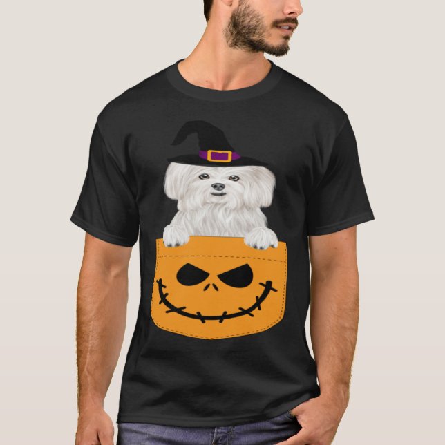 Halloween Pocket Maltese Scary Jack O Lantern T-Shirt (Vorderseite)