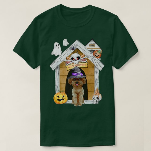 Halloween Poodle Dog Hexe Spuk Haus T-Shirt (Design vorne)
