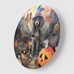 Halloween Poodle mit Pumpkins Beängstigend Große Wanduhr