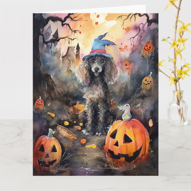Halloween Poodle mit Pumpkins Beängstigend Karte (Gelbe Blume)