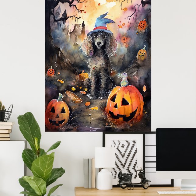 Halloween Poodle mit Pumpkins Beängstigend Poster (Heimbüro)