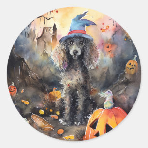 Halloween Poodle mit Pumpkins Beängstigend Runder Aufkleber
