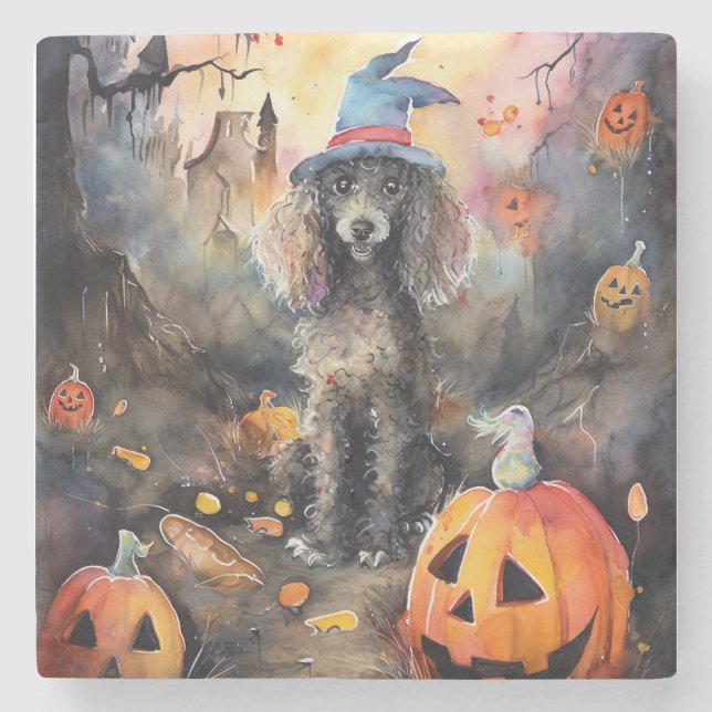 Halloween Poodle mit Pumpkins Beängstigend Steinuntersetzer (Vorderseite)