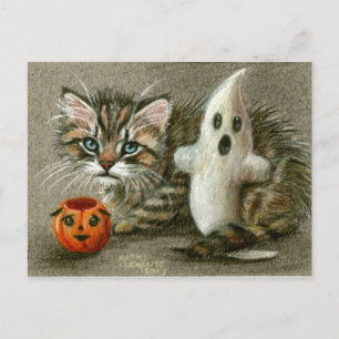 Halloween Postcard Cat Kitten Ghost Pumpkin Art Postkarte