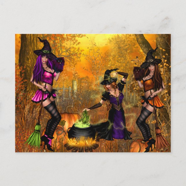 Halloween Postkarte mit Hexen (Vorderseite)