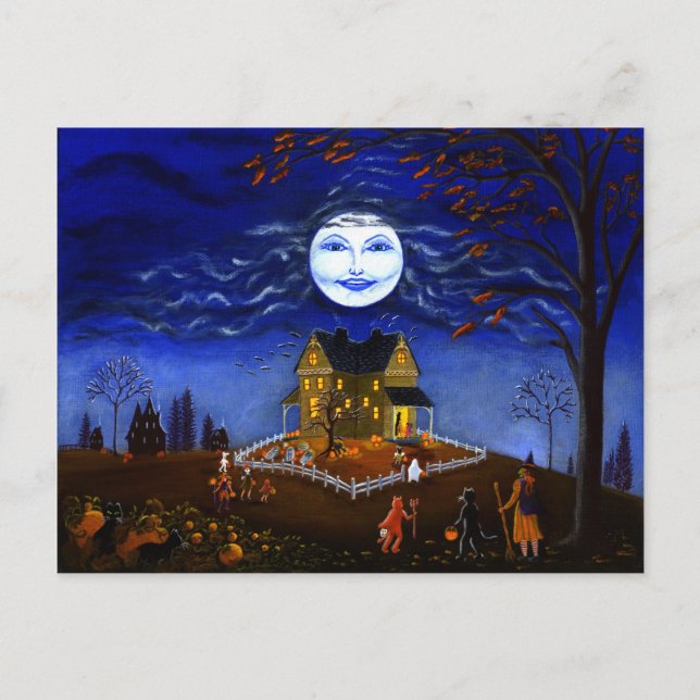 Halloween, Postkarte, Skelett, Teufel, Hexe, Geist Postkarte (Vorderseite)