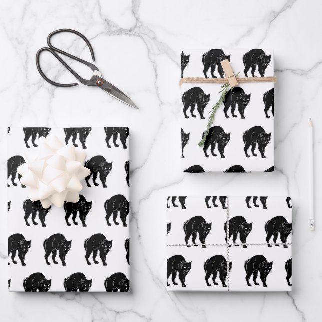 Halloween Prowling Black Cat Silhouette Zeichnend Geschenkpapier Set (Vorderseite)