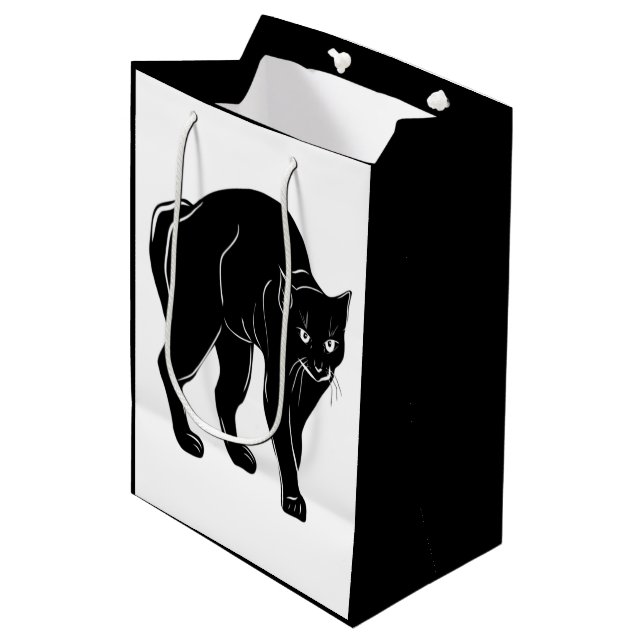 Halloween Prowling Black Cat Silhouette Zeichnend Mittlere Geschenktüte (Vorderseite Schrägansicht)