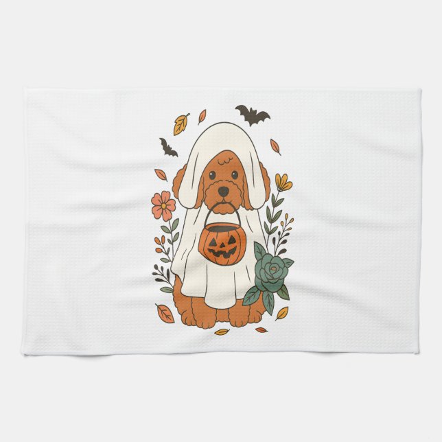 Halloween-Pudel mit Herbstblumen Geschirrtuch (Horizontal)