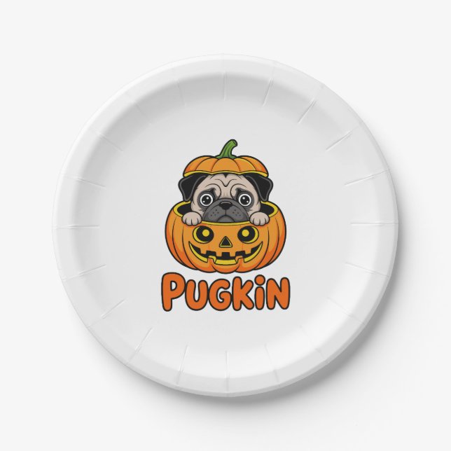 Halloween Pugkin, Pumpkin Mops Dog Pappteller (Vorderseite)