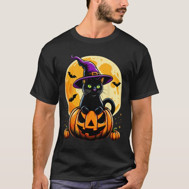 Halloween Pumpkin Black Cat T-Shirt (Vorderseite)