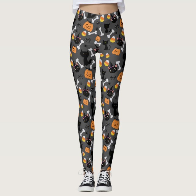 Halloween Pumpkin & Black Cats Nahtloses Muster Leggings (Vorderseite)